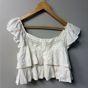 Free People White Ruffled Off-Shoulder Button-Front Top